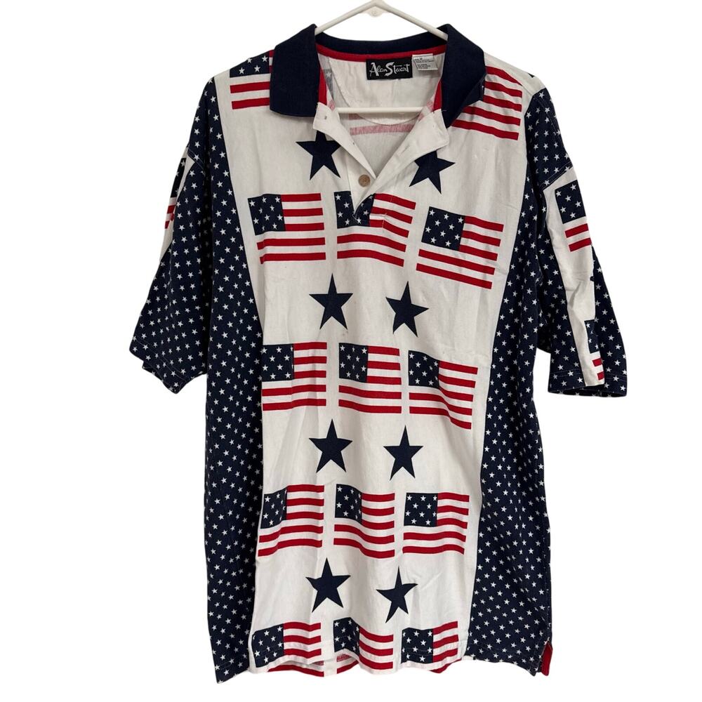 Vintage Alan Stuart Polo Shirt Men M White Blue USA American Flag Short Sleeve